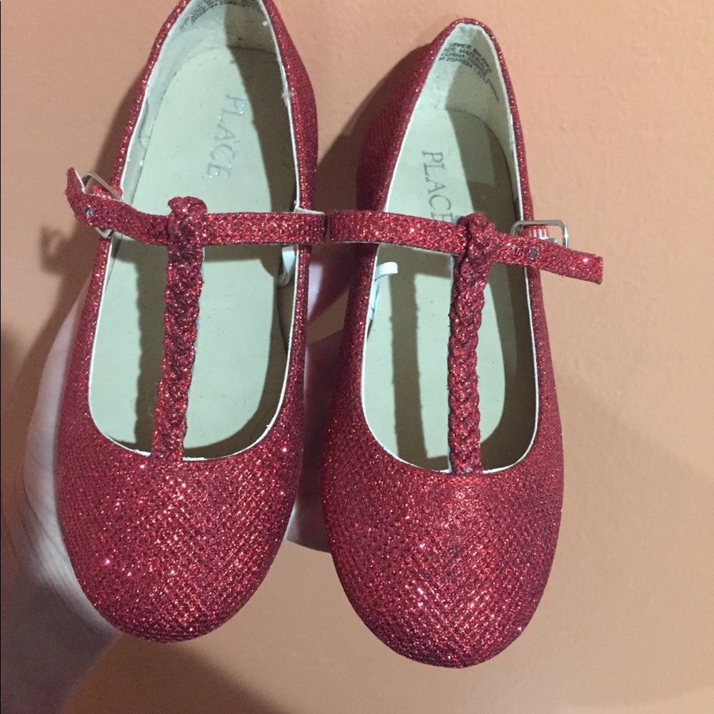 Girls Red glitter T strap flats